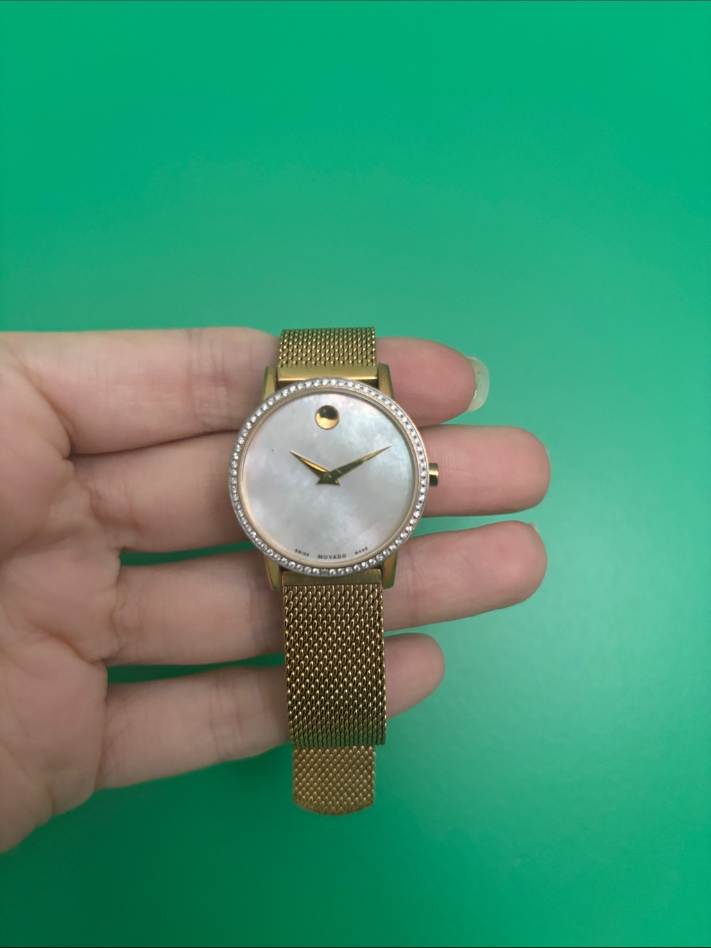 Movado Gold Mesh Watch With Motherofpearl Dial And Crystal Bezel